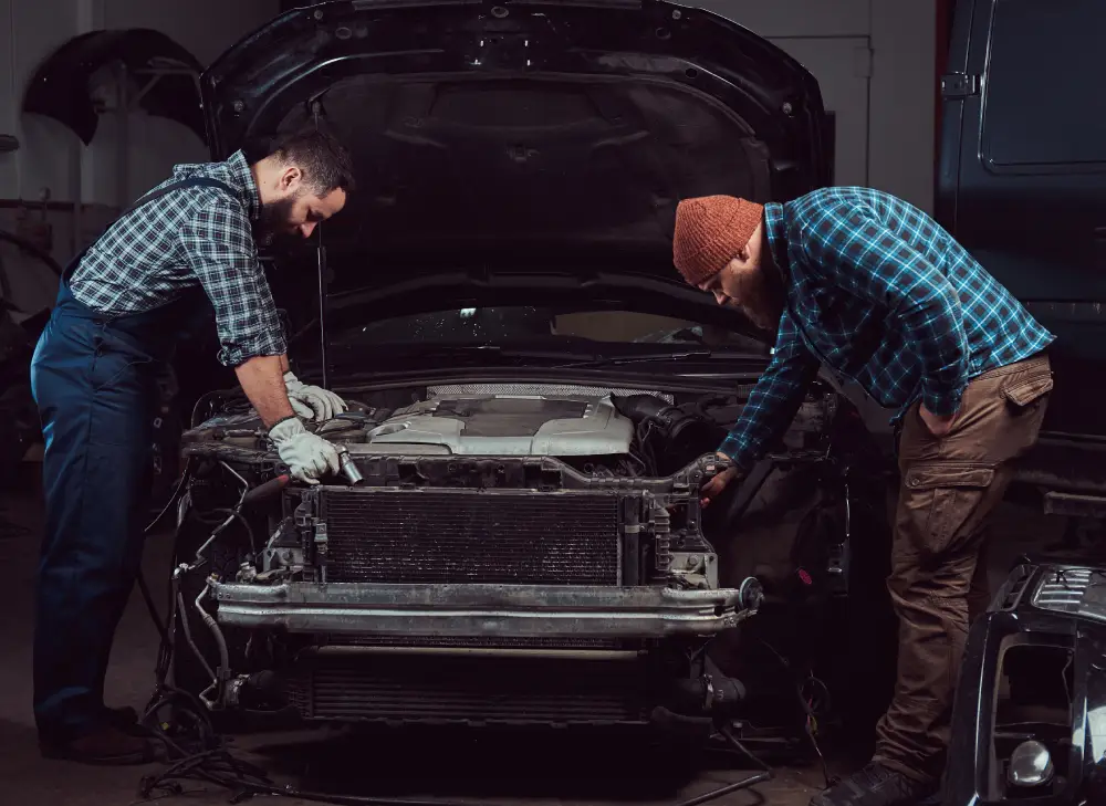 service-station-two-bearded-brutal-mechanics-repairing-car-garage timing belt inspection services san jose ca